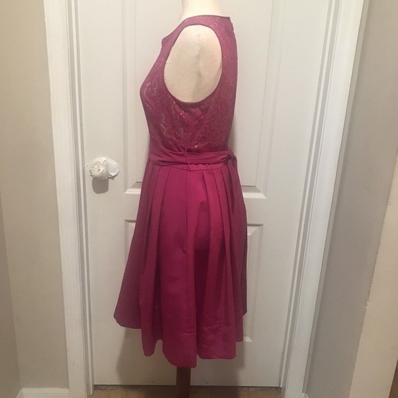 Eliza J Size 4 Fit & Flare Dress Pink Lace Top Belted Waist Barbie Pink Pockets - Picture 5 of 15